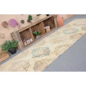 Alfombra turca Vintage Beige y azul 3,9 X 13.5ft Tejido plano de lana con patrón de retazos para decoraciones de sala de estar - Product Image 5