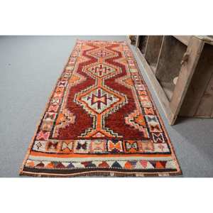 Vintage Kilim Rug 3 X 9.1ft Classic Turkish Design Wool Material with Latex Backing Patchwork Pattern in Red Orange for Teens - Product Image 2