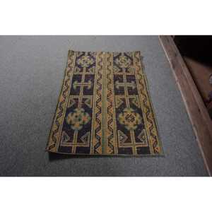 Alfombra Turca Vintage de 1.5x2.2 pies (45x67 cm), Alfombra de Lana Azul con Diseño Floral - Product Image 2