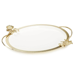 Bandeja de Servir Rectangular Moderna de Alta Calidad con Asas en Forma de Hoja en Tono Dorado, Acabado de Acero Inoxidable Pulido para Bodas y Hogar - Product Image 3