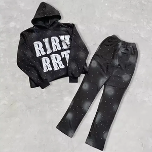 Weat Suit Acid Wash Bordado Angustias Sudadera con capucha Jogging Chándal Pantalones de chándal acampanados y conjunto de Sudadera con capucha - Product Image 6