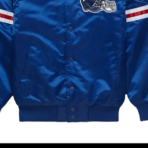 New York Giants Satin Varsity Jacket Blouson de l'équipe NFL bleu pour homme avec patchs logo brodés et manches rayées - Product Image 4