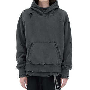 Personalizado hip hop Streetwear Hole hoodies 100% algodón peso pesado de gran tamaño Old Wash Pullover Hole distressed vintage HOODIE para hombres - Product Image 1