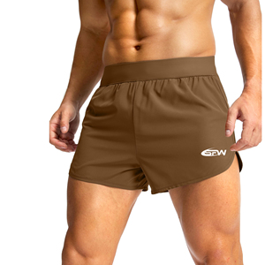 Shorts de course personnalisés pour hommes en toile marron, séchage rapide, respirants, taille haute, avec cordon de serrage, imprimés par sublimation, élastiques - Product Image 1