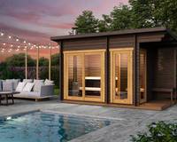 Cabine de sauna extérieure en bois massif avec véranda latérale et poêle à bois pour 3-4 personnes, sauna sec de jardin