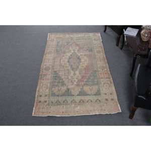 พรมตุรกีวินเทจผ้าทอเย็บปะติดปะต่อกันสีเบจ-ชมพูพรมขนสัตว์3.9x7.9ft ห้องนั่งเล่นยางสำรองสำหรับตกแต่ง - Product Image 1