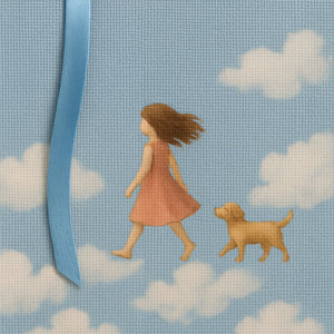 LABON Cloud Walk A5 Linen Notebook Soft Blue Pure White Cover Girl and Dog Walking on Clouds Journal with <strong>Kites</strong> and Ribbon - Product Image 3