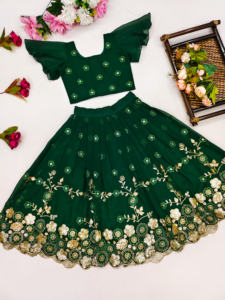 Shoryam - Lehenga Choli Verde Botella para Niñas, Bordado Floral Dorado, Ropa Étnica, Fiesta de Boda India, Largo hasta el Suelo - Product Image 3