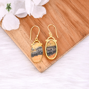Pendientes Colgantes de Latón Antiguo para Mujer, con Piedras Preciosas de Jaspe Abejorro, Pendientes de Latón de Alta Calidad Chapados en Oro - Product Image 4