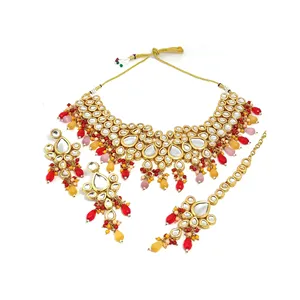 Conjunto de Joyería Fina con Cuentas y Adornos Kundan Multicolores, Chapado en Oro de 24K sobre Cobre, para Bodas - Product Image 5