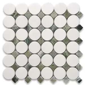 T93B2XP Thassos Tuile de mosaïque ronde en marbre blanc avec des points verts Sagano vibrants - Product Image 1