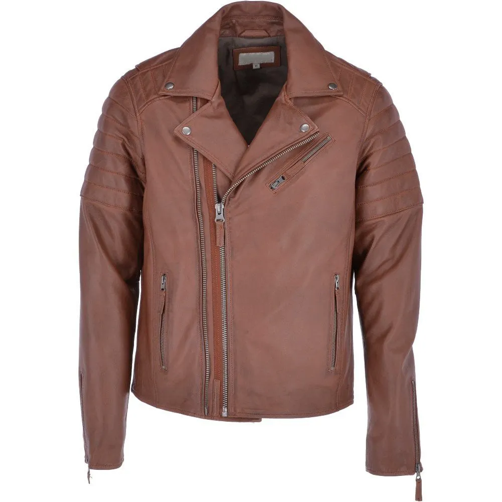 Marrom genuíno jaqueta de couro com zíperes multi e botões estilo virar para baixo colarinho jaquetas de verão motociclista