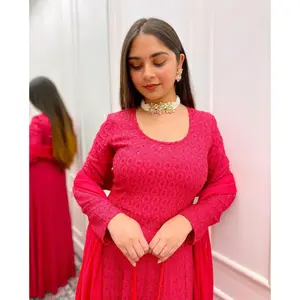 Conjunto de 3 Piezas para Mujer, Estilo Casual, Bordado Chikankari, Algodón Rosa, Manga Larga, Estilo Tradicional Indio, Secado Rápido, Transpirable - Product Image 5