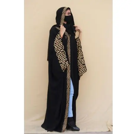 عباية عربية بسيطة التصميم بأكمام بدوباتا وتصميم فموي قماش رفيع على طراز دبي عباية إسلامية فستان قفطان كامل