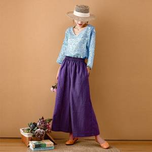 Pantalon en lin naturel pour femme bouton taille élastique jambe large coupe ample motif de couture écologique disponible grande taille lin lavé - Product Image 1