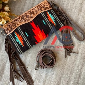 Designer Aztec Saddle Blanket Leather Handbag Hand Tooled Leather Fringe Sling Handbag Western Style Crossbody Handbag - Product Image 1