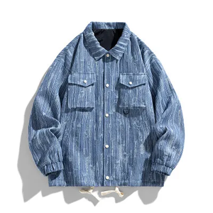 Veste en jean vintage personnalisée de haute qualité pour hommes, lavage à l'acide, col en V, fermeture éclair intégrale, hiver, hip-hop, logo avant, coton enduit, collège - Product Image 2