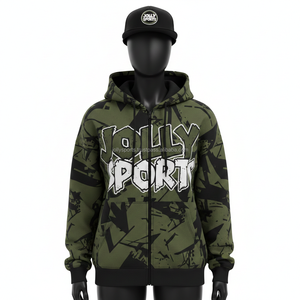 Sweat à capuche zippé pour femme en coton polyester 300GSM, imprimé camouflage vert et noir sur toute la surface, avec logo personnalisé et impression sérigraphique, sweat à capuche basique zippé - Product Image 1