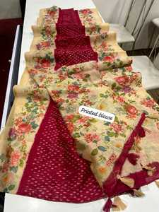 Sari de lino con estampado digital de ropa tradicional clásica con estampado floral para niñas Sari de uso diario disponible para la venta desde India - Product Image 6