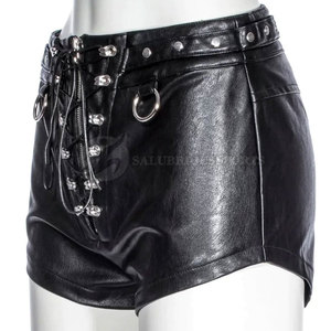 Shorts d'été décontractés en cuir pour femmes, taille élastique, logo personnalisé, grandes tailles, respirants, design tendance, avec nœud décoratif et boutons, couleur unie - Product Image 2