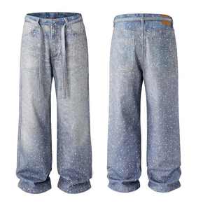 Pantalon crayon slim brodé vintage pour hommes de taille plus, décontracté, jean vieilli à effet mi-singe en gros - Product Image 1