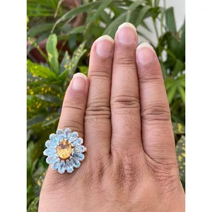 Vintage 925 Silver Cocktail <b>Ring</b> with Citrine & Blue Topaz Gold Plated Metal Gemstone Free Size for Party Crafted in <b>Brass</b> - Product Image 6