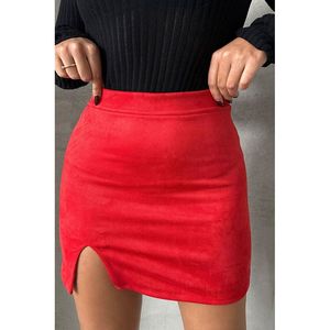 TOPSHOW Women's Red Suede <b>Slit</b> <b>Midi</b> <b>Skirt</b>, Elegant High Waist Pencil Style for Casual and Office Wear - Product Image 2