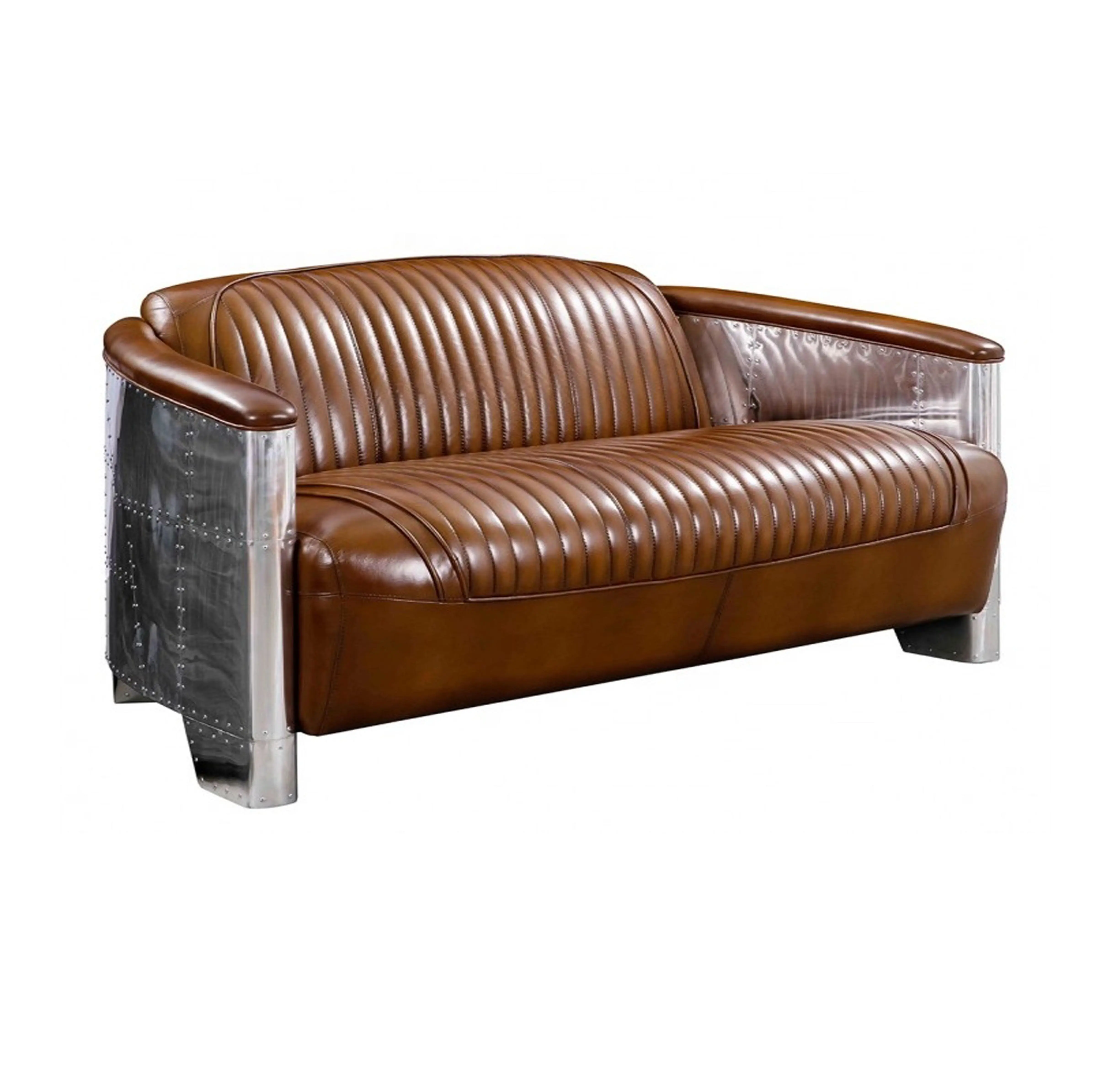Sofá estilo aviador clásico de diseño moderno, sofá de 2 plazas Vintage desgastado de cuero marrón de aluminio