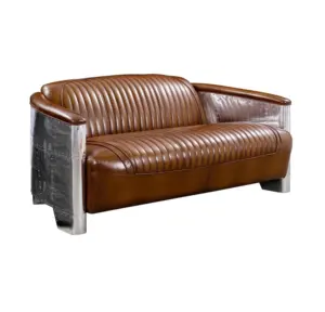 Miglior lusso classico Design moderno Aviator Pilot divano a 2 posti Vintage in pelle marrone invecchiata in alluminio