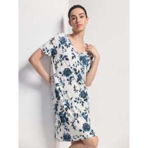 Custom Bamboo Women Summer Nightgown Spandex V-Neck <b>Lounge</b> <b>Dress</b> Bamboo Lace Trim Soft Floral Pattern Knee-Length Short-Sleeved - Product Image 5