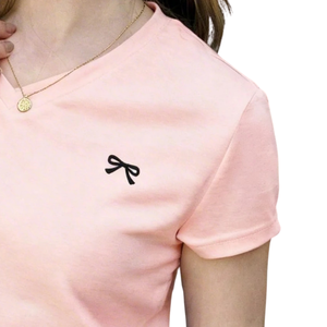 Camiseta informal de manga corta para mujer, cuello en V, algodón suave, bordado de lazo, Tops básicos ajustados, ropa de moda para uso diario de verano - Product Image 3