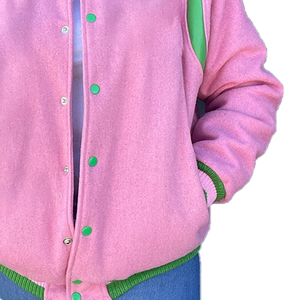 Blouson Bomber Unisexe Personnalisé en Laine Soie/Coton Rose Vert, Style Universitaire Grec, Streetwear, Imperméable, Printemps - Product Image 6