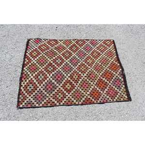 Alfombra turca vintage, alfombra Kilim de 2.7x3.7 pies, alfombra de lana roja marrón con motivos de plantas y árboles - Product Image 3