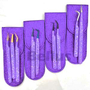 Pinzas de extensión de pestañas con 2 uds. Bolsa de almacenamiento de cuero PU Estuche de viaje púrpura Embalaje con logotipo personalizado - Product Image 2