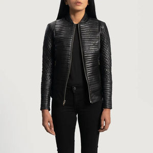 Chaqueta motorista negra con cremallera de piel de oveja auténtica OEM para mujer con forro de viscosa acolchado y bolsillos interiores y exteriores ODM - Product Image 4