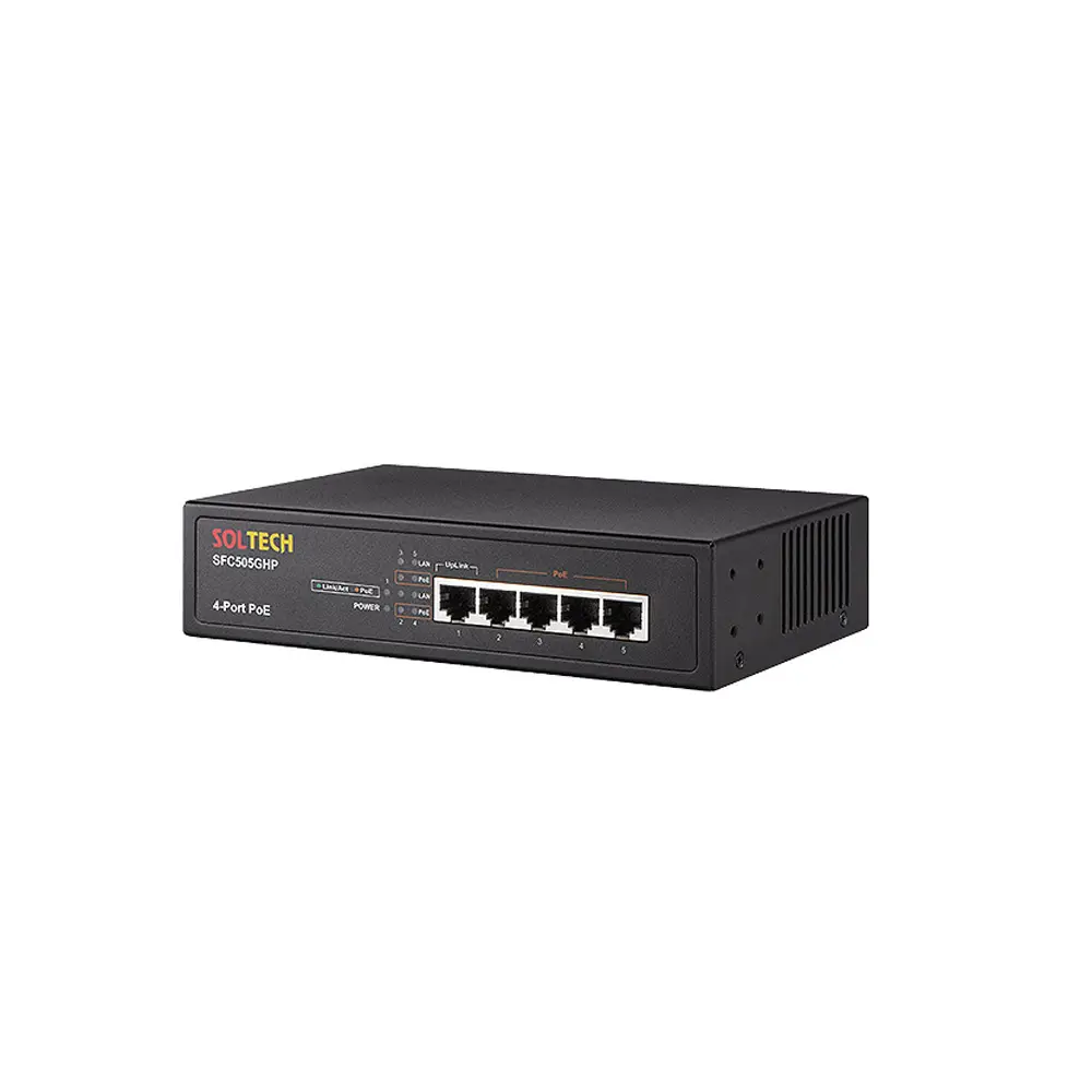SOLTECH Unmanaged PoE Switch 5-Ports (802.3at 4-Ports) 10/100/1000Mbps TP Networking Switches SFC505GHP-V2