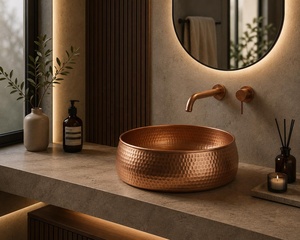 Vasque en cuivre faite à la main, ronde, à cuve unique, à poser sur le comptoir, surface mate, un trou, vasque de salle de bain minimaliste - Product Image 4