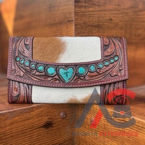 Nuevo estilo occidental Hair On Hide Colorful Hand Tooled Leather Clutch Mujeres Diseñado Monedero Venta caliente Tooled Leather Carteras únicas - Product Image 1