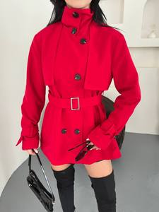 Trench-coat rouge pour femme avec ceinture, col chemise, double boutonnage, manches longues, longueur standard, automne, décontracté, élégant, coupe-vent, uni - Product Image 1