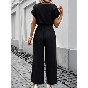 Mono aeróbico con cuello redondo y manga corta para mujer, cintura elástica y bolsillos, 37232 - Negro - Product Image 3