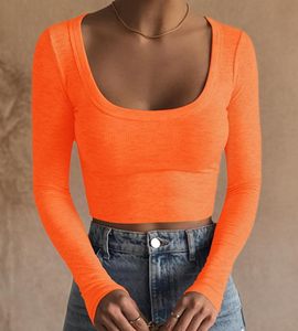 Haut court respirant pour femme avec col carré à manches longues côtelé coupe ajustée décontracté Design de base longueur courte - Product Image 1