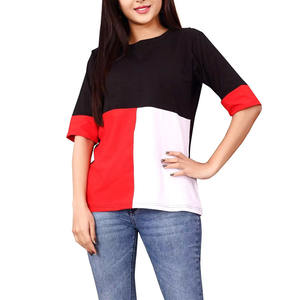 T-shirt ample de couleur contrastée pour femmes avec panneau élégant T-shirt de style coroful avec manches courtes et tissu respirant - Product Image 1