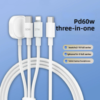 Kabel Pengisi Daya 3-in-1 USB-A ke Jam Tangan Magnetik dengan Fungsi Qi DC 5V 5W 27W 60W, Pengisian Cepat PD, Konduktor Tembaga Murni