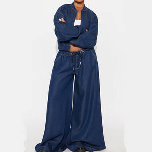 Casual Wear Women Casual Streetwear Women <b>Denim</b> Tracksuit 2026 / Trendy Elegant Two Piece Cropped Zipper Jacket and Pants Set - Product Image 1