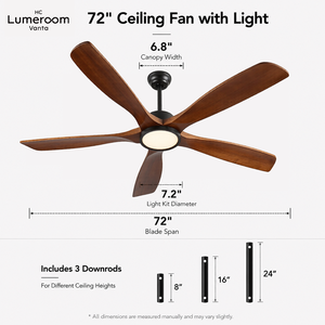 72 Inch <b>Ceiling</b> Fan with <b>Light</b> and Remote, Solid Wood Downrod Mount <b>Ceiling</b> Fan with Quiet DC Motor for Living Room - Product Image 5