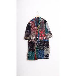 Robe kimono en coton ethnique 100% avec imprimé floral, faite à la main, style Kantha, vêtement de nuit, peignoir, tenue de plage pour femmes, été, printemps - Product Image 1