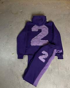 Sudadera con capucha y pantalones de chándal bordados desgastados con parche de Streetwear, conjunto de chándal unisex de gran tamaño - Product Image 3