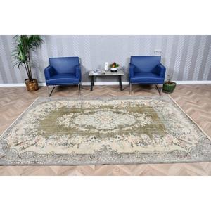 พรมขนาด 6.4x9.3 ฟุต, พรมวินเทจตุรกี, พรมขนสัตว์ลายจุดสีเทาเขียว - Product Image 1