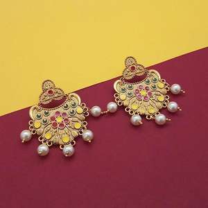Kriaa <b>Red</b> Meenakari and Pearl Dangler <b>Earrings</b> Gold Plated 1314223D - Product Image 1
