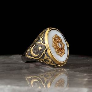 Turkish Style <b>Vintage</b> 925 Sterling Silver Ottoman Men's <b>Ring</b> Made in Turkey Model RCEGYT-269 with Rhodium <b>Gold</b> Bi-color Plating - Product Image 1